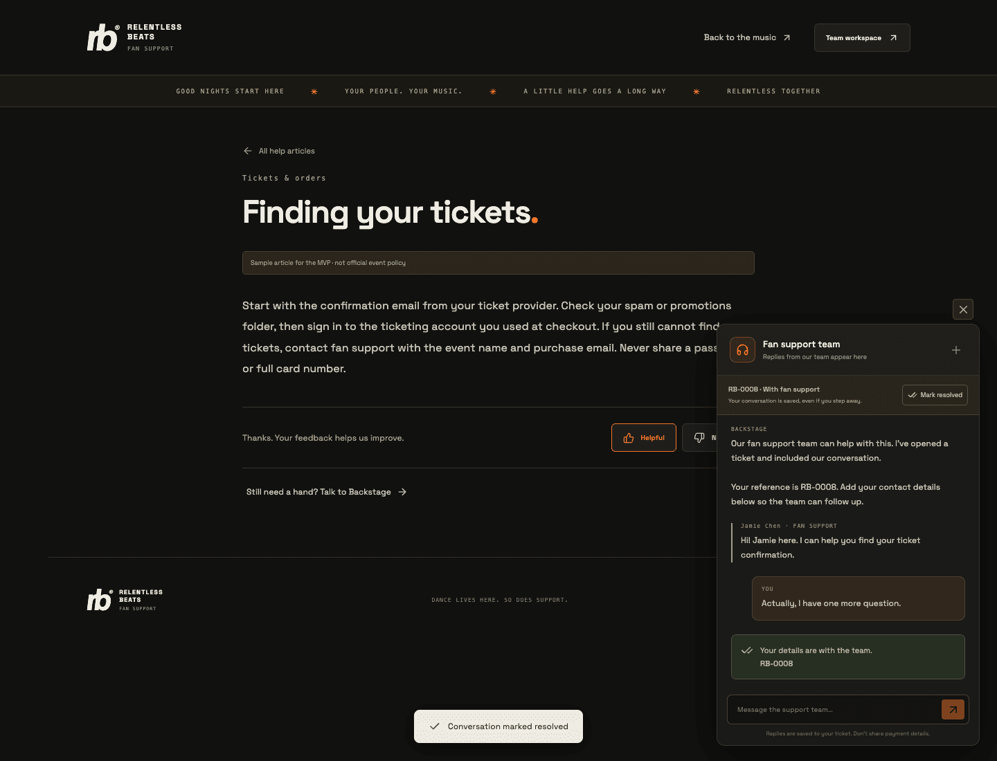 Arby local MVP preview showing the Relentless Beats help center and fan-support chat with human handoff and resolution controls.