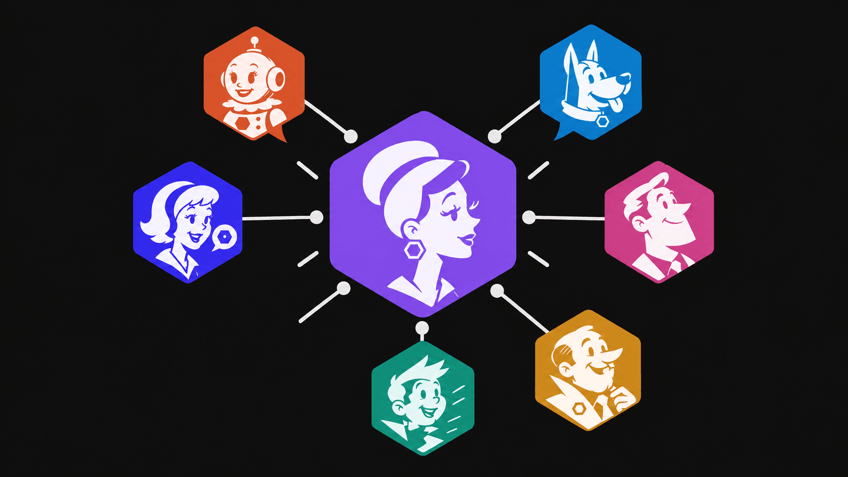 Purple hexagon badge of Jane, a retro-styled assistant, linked to the other Jetson app badges, on a dark background