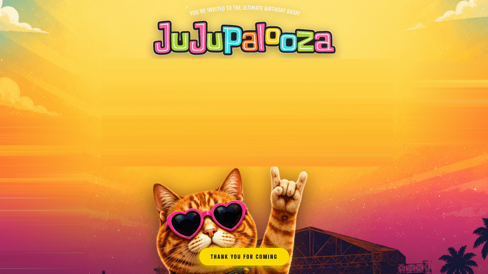 JuJuPalooza logo above a ginger cat in heart-shaped sunglasses making a rock-on hand sign