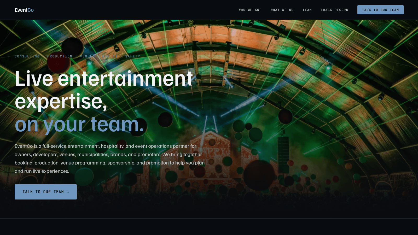 EventCo homepage hero: Live entertainment expertise, on your team