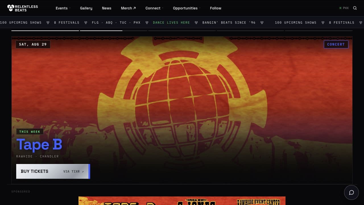 Relentless Beats event platform homepage screenshot